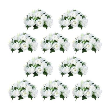 Imagem de Barlezy Centros de mesa de casamento com bolas de flores artificiais, peça central de guirlanda de flores brancas puras, 10 peças de flores falsas, 15 cabeças de rosas de plástico com base, flores de