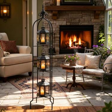 Imagem de Tujoe Conjunto de suportes de lanterna de metal alto, dobrável, 113 cm, suporte de vela de 3 camadas, com 3 peças, lanternas decorativas para ambientes internos e externos, quintal, varanda, quarto