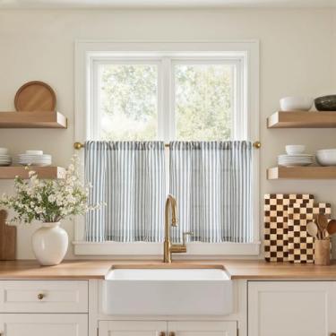 Imagem de jinchan Cortinas de cozinha de linho listradas, 50,8 cm de comprimento, cortinas de campo, estilo cafeteria, tratamentos de janela pequena, bolso para varão de filtragem de luz arejada para sala de