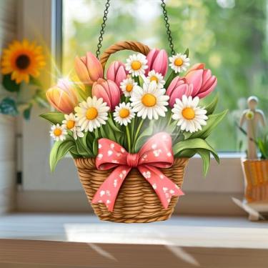 Imagem de Acrílico colorido, apanhador de sol estilo vitral estampado com flores com reflexos de arco-íris, arte de parede para decoração de janela suspensa, ornamentos de Natal para uso interno e externo 19,8