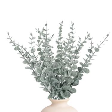 Imagem de HuiYngTong 18 hastes artificiais de eucalipto, folhas verdes falsas para arranjos florais, escritório em casa, centro de mesa de casamento, decoração de festa de Natal