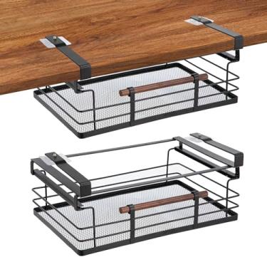 Imagem de Home Zone Living Organizador de armário de cozinha com gaveta de puxar embaixo da prateleira com cesta de malha de aço e cabo de madeira, 43 cm de comprimento