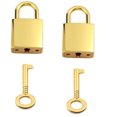 Imagem de PEOVLVN 2 cadeados pequenos com chaves, cadeado vintage para malas, mini cadeado com chave para bolsa, mochila, caixa de joias, caixa de armazenamento, diário, notebook, bolsa de armário (ouro)