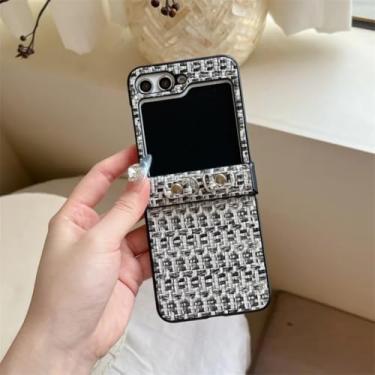 Imagem de Capa para Galaxy Z Flip5 com padrão de trama fashion e dobradiça com corrente de pérolas, capas rígidas fofas (para Galaxy Z Flip5/01)