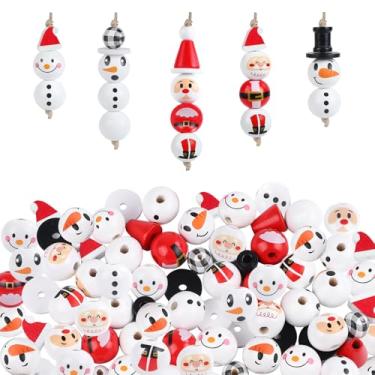 Imagem de Wlicon 132 peças de contas de madeira de boneco de neve de Natal, faça você mesmo, contas de madeira com estampa de Natal com barbante para pendurar ornamentos artesanais, guirlanda de árvore de Natal