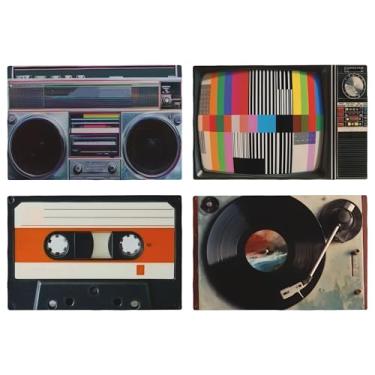 Imagem de Jogo americano retrô para mesa de discos cassete, conjunto de 4 tapetes de mesa de linho limpáveis, à prova d'água, retangular, para cozinha, jantar, jantar, 45 x 30 cm