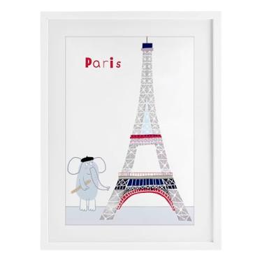 Imagem de Stupell Industries Elefante e Torre Eiffel Impressão emoldurada branca sob vidro, design por Carla Daly, 23 x 17