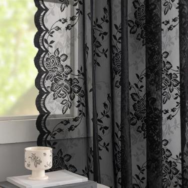 Imagem de Cortinas pretas transparentes góticas - 182,88 cm de comprimento - cortinas escuras para sala de estar quarto, floral vitoriana, filtragem de luz transparente, 2 painéis, bolso para haste, decoração