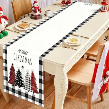Imagem de Caminho de mesa Feliz Natal, pinheiros vermelhos, flocos de neve, buffalo, preto, xadrez, corredor, mesa, Natal, Natal, cozinha, decoração de jantar para decoração de festa em casa