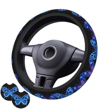 Imagem de Capa de volante borboleta azul com 2 porta-copos de carro antiderrapante neoprene para mulheres e homens, conjunto universal de 38 cm, elegante e prático