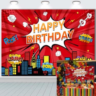 Imagem de Pano de fundo de foto de paisagem urbana de super-herói, 20 x 1,8 m, fundo vermelho, decoração de aniversário de menino, decoração de banner, foto infantil, decoração de festa de aniversário de herói