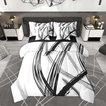 Imagem de jejeloiu Conjunto de edredom Queen preto e branco, geométrico, geométrico, 7 peças, arte moderna de tinta em uma bolsa com edredom, lençol de cima, lençol com elástico, fronhas e capas de almofada