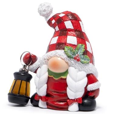 Imagem de Hodao Estatueta de gnomo de Natal com lanterna iluminada, decorações de mesa de elfo de resina de 10 cm — decoração de férias interna pintada à mão e ornamentos prontos para presente para cornija de