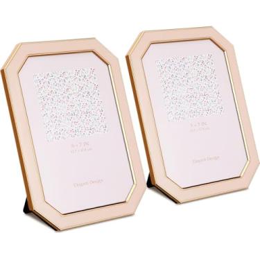 Imagem de Gerrii 2 porta-retratos esmaltados rosa 10 x 15 cm com moldura octógono de vidro temperado com borda de metal e parte traseira de veludo para mesa de Natal, suporte de parede, galeria de escritório