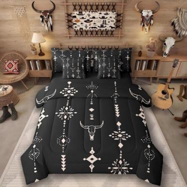 Imagem de Erosebridal Jogo de cama solteiro ocidental de 7 peças, decoração rústica do sudoeste, caveira longa, boêmio, asteca, geométrico, geométrico, boêmio, preto