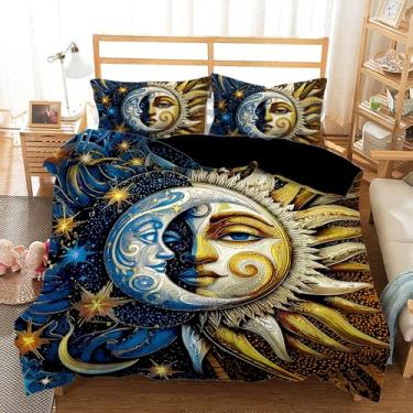 Imagem de AILONEN Conjunto de capa de edredom de sol e lua, tamanho Queen, capa de edredom dourada azul para meninos e meninas com 2 fronhas, roupa de cama gótica hippie boho, 3 peças
