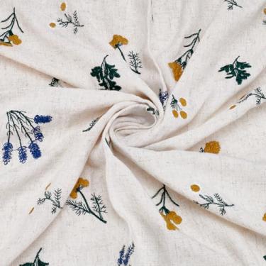 Imagem de PLIGREAT Tecido de linho de algodão floral, 1,1 m × 140 cm bordado lavanda margarida tecido padrão para artesanato faça você mesmo, conjuntos de roupa de cama, corredor de mesa, acessórios de pano