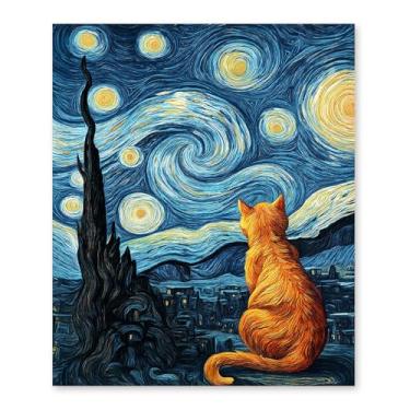 Imagem de RLTXBUK Kit de arte de diamante de gato laranja com noite estrelada, presentes para mulheres, gatos, mães, amantes, mulheres, kits de arte para adultos, crianças, iniciantes, presentes para amantes de