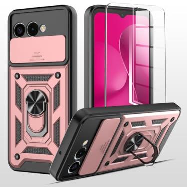 Imagem de Capa T-Mobile Revvl 8 TMRV085G com capa deslizante para câmera + protetor de tela de vidro temperado à prova de choque resistente [grau militar] capa de telefone resistente com suporte (rosa)