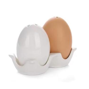 Imagem de Conjunto de saleiro e pimenteiro de cerâmica, coqueteleira de cerâmica em forma de ovo com caixa, dispensador de temperos e garrafa de palito, tanque de sal e pimenta em pó com bandeja para