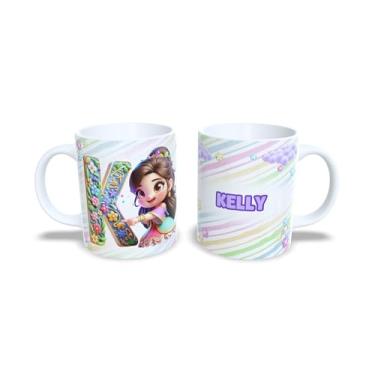 Imagem de Caneca de Cerâmica Branca Personalizada 325ml com Alfabeto Princesas, Nome Customizado e Letra Inicial Decorativa (k)