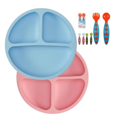 Imagem de Kit Prato de Silicone com Ventosa + Garfo e Colher para Bebê – Antiderrapante, 3 Divisórias, Livre de BPA e Fácil de Limpar (Rosa)