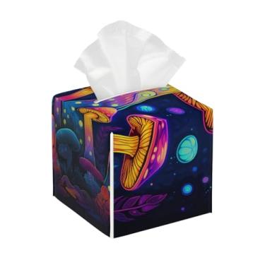 Imagem de Porta-lenços de couro quadrado impermeável cogumelo psicodélico colorido organizador de papel facial com cinto inferior cubo estojo de lenços para mesa, banheiro, escritório, mesa, carro, decorativo