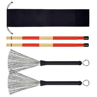 Imagem de Acouto Conjunto de Escovas de Baqueta Premium - Escovas de Arame de Aço Inoxidável de Ajuste Flexível Com Design Retrátil, Faixas Ideais para Jovens, Inclui Bolsa de Armazenamento, Vermelha e Preta