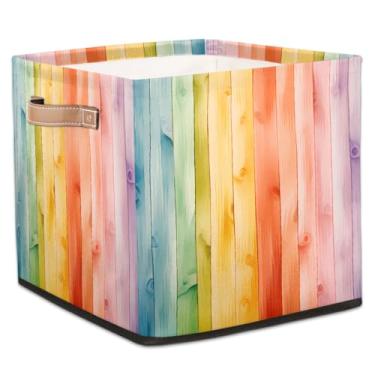 Imagem de hongjinglin Cestos dobráveis de armazenamento de cubos, tábua de madeira, arco-íris, caixas dobráveis coloridas, brinquedo com alças, organizador de tecido, cesto organizador para berçário, sala de
