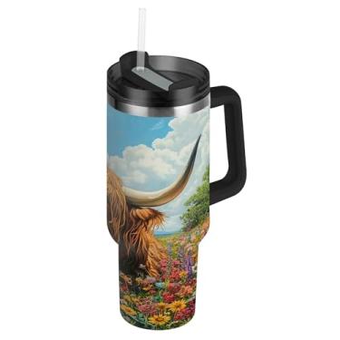 Imagem de SEHANY Copo Highland Cow de 850 g com tampa e canudo, aço inoxidável de vácuo duplo isolado garrafa de água esportiva suporte para copo de café de viagem à prova de vazamento para bebida gelada