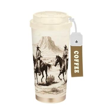 Imagem de SEHANY Caneca de viagem vintage caubói ocidental 482 g xícaras de café reutilizáveis revestidas de cerâmica com tampa à prova de vazamento, parede dupla, isolamento a vácuo, copo de café de aço