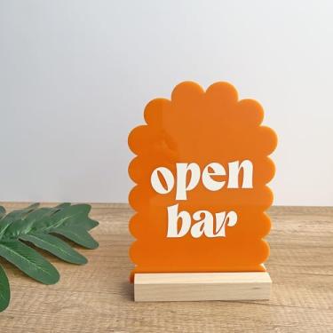 Imagem de Phocaea Placa de barra aberta de acrílico, base de madeira, 12,7 x 18,8 cm, design de arco recortado, estilo contemporâneo moderno, decoração de mesa independente para banquetes (laranja)