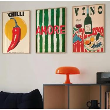 Imagem de Conjunto de Quadros Decorativos para Parede, Chilli Amore Vino, Arte Retrô Italiana, 3 Peças