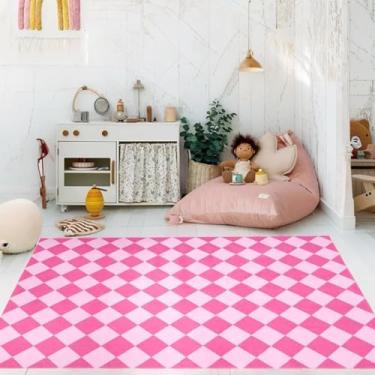 Imagem de USTIDE Tapete xadrez 1,2 x 1,8 m, lavável à máquina, tapete xadrez rosa para corredor, quarto, meninas, quarto de bebê, decoração