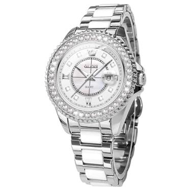 Imagem de OLEVS Relógios automáticos femininos ouro rosa esqueleto mecânico corda automática elegante vestido de luxo borboleta diamante branco pulseira de cerâmica relógio presente, 3685: branco e prata