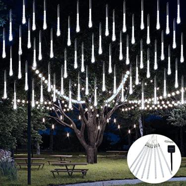 Imagem de JMEXSUSS Cordão de luzes solares à prova d'água para ambientes externos, luzes brancas para árvore de Natal, 8 tubos 144 LEDs, chuva de meteoros para árvore, casamento, Natal, festa,