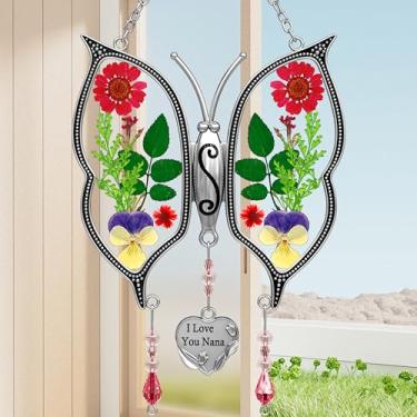 Imagem de KY&BOSAM Presentes para Nana Suncatchers para Windows Borboleta I Love You Nana Presente Vitral Sino de Vento Pressionado Flores Verdadeiras e Coração Presentes para Nana Avó Dia das Mães Casamento