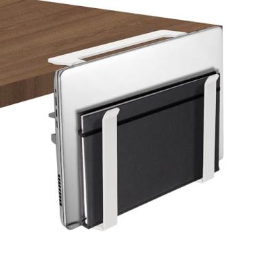 Imagem de Suporte lateral ajustável para laptop, sem broca, organizador de armazenamento de mesa, suporte de metal para notebook, sem perfuração, para documentos, com silicone antiarranhões