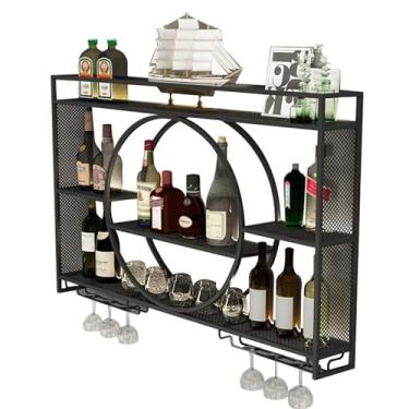 Imagem de GKPSSURV Prateleiras de vinho industriais penduradas modernas montadas na parede Rack de vinho industrial montado na parede, suporte de garrafa, unidade de barra de 3 camadas, prateleiras flutuantes