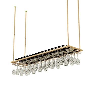 Imagem de APUM Rack de vinho suspenso no teto com suporte de vidro, altura e largura ajustáveis para barra de teto, suporte de garrafa de ferro, fácil de instalar