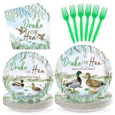 Imagem de Greencian 96Pcs Mallard Duck Gender Reveal Party Decorations Mallard Duck Gender Reveal Plates and Napkins Drake or Hen Disposable Tableware for Baby He or She Party Decorations Serve 24