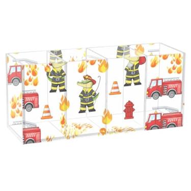 Imagem de Burbuja Suporte de caneta de acrílico para bombeiro de crocodilo de desenho animado, 4 compartimentos, suporte de lápis transparente para pincel de maquiagem estacionário, acessórios de mesa de