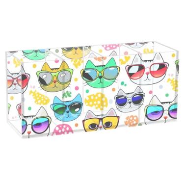 Imagem de Burbuja Caras de gato com desenho animado usando óculos de sol, suporte de caneta de acrílico, 4 compartimentos, suporte de lápis transparente para pincel de maquiagem estacionário, acessórios de mesa