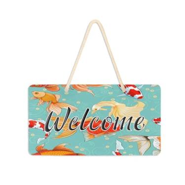 Imagem de Burbuja Placa de boas-vindas Goldfishes para porta da frente, placa de boas-vindas de PVC para pendurar na parede, decoração de férias, 15 x 28 cm