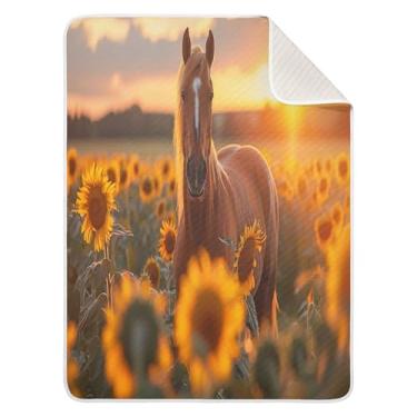Imagem de xigua Manta de bebê com cavalos de girassol, cobertor de algodão para bebês, cobertor leve e macio para recepção e cobertor para berço, carrinho de bebê, cobertores de berçário, 76 x 101 cm