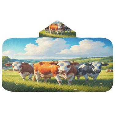 Imagem de Burbuja Beautifull Cows Toalha de banho com capuz para crianças, toalha de praia de pelúcia macia absorvente para meninas e meninos 3-10 anos, 61 x 127 cm