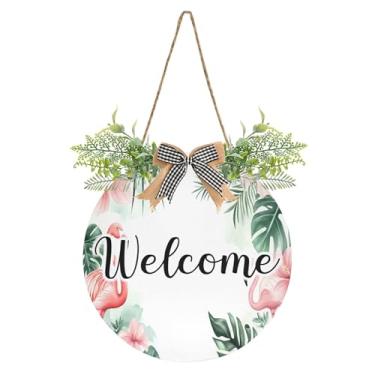 Imagem de Burbuja Placa de boas-vindas para decoração de porta da frente de flamingos de plantas tropicais, placa de boas-vindas pendurada com flor para porta, parede, casa, casa de fazenda, decoração de