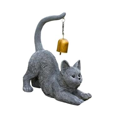 Imagem de Generic Estátua de gato com sino de metal, escultura de animal, estatueta de gatinho para sala de estar, Cinza