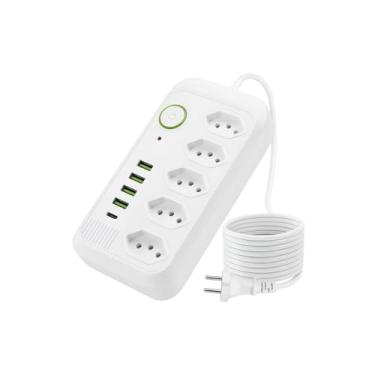 Imagem de Filtro de Linha com 5 Tomadas Tripolares e 6 Portas USB, Bivolt 2500W, Cabo 2m, Proteção Contra Sobrecarga, Branco, 17,5x9x3,5cm