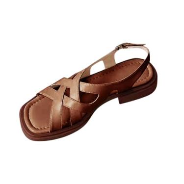 Imagem de Sandálias de praia estilo romano, cor sólida, bico quadrado, para mulheres, casual, verão, moda, sem fecho, calçado confortável, Marrom, 35